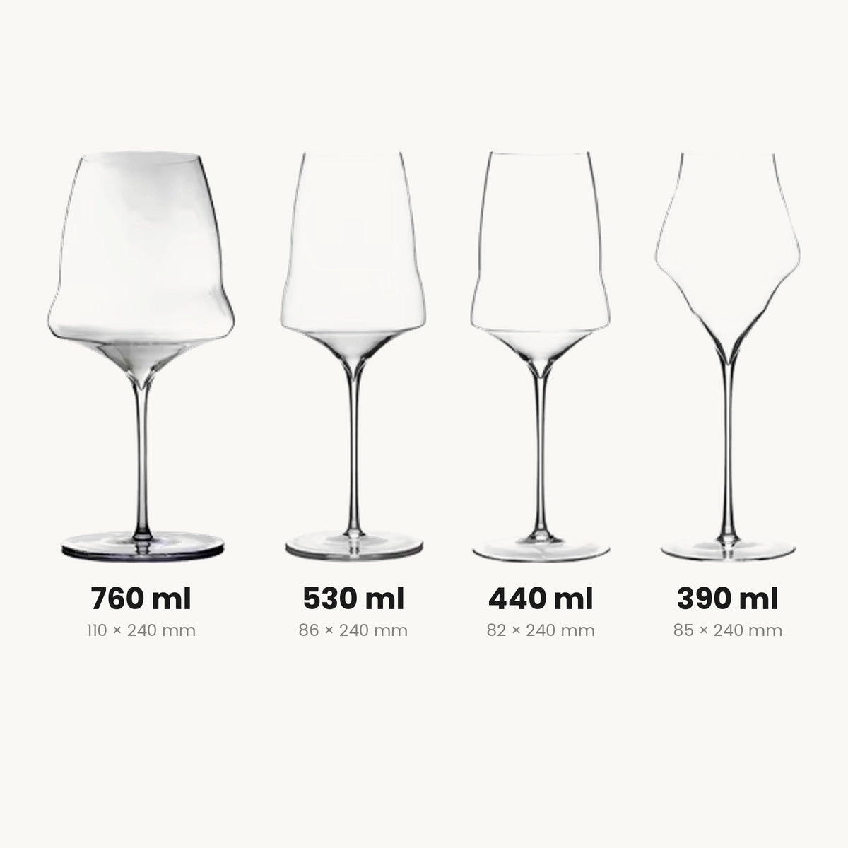 Size chart: 760 ml, 530 ml, 440 ml and 390 ml, all 240 mm tall