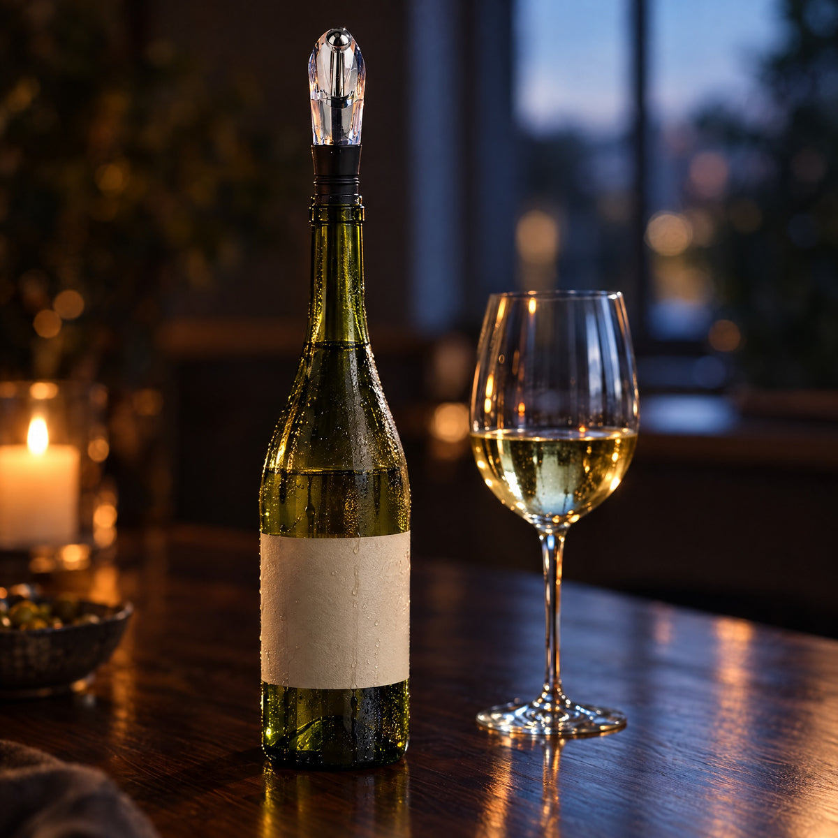 Bottle and glass on the table at night