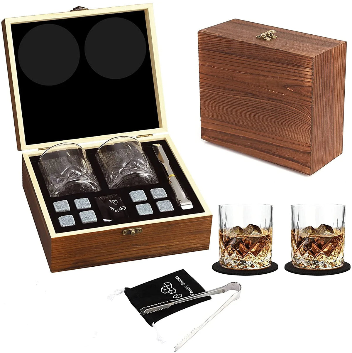 Whisky Stone Gift Set — 8 Stones, Two Crystal Glasses, Tongs & Coasters — Granite Reserve