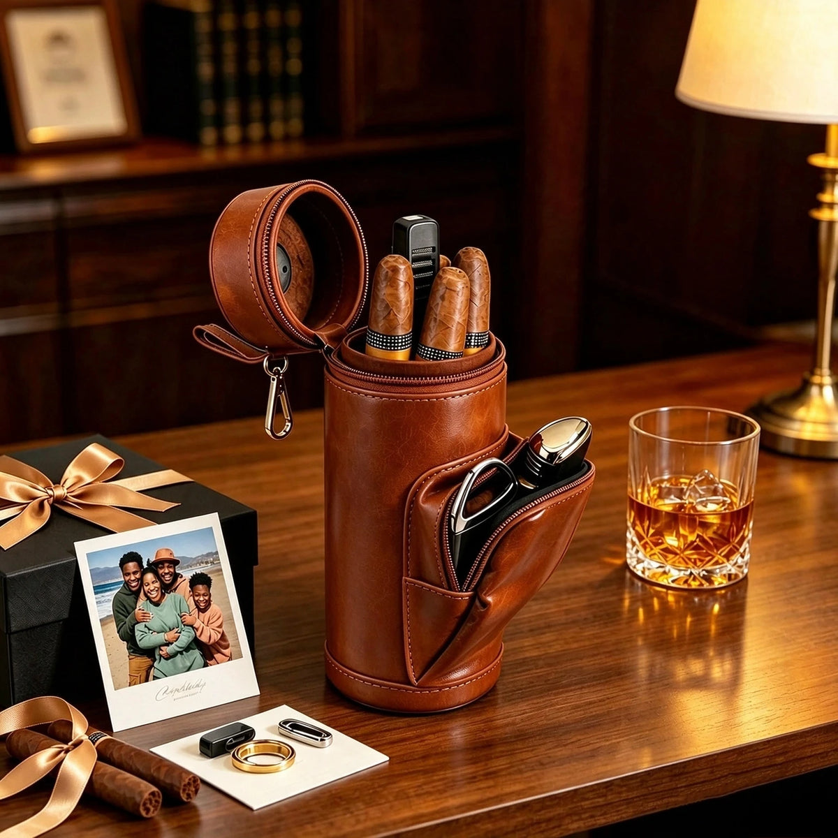 Cedar-Lined Leather Cigar Travel Case with Hygrometer — Regent Reserve