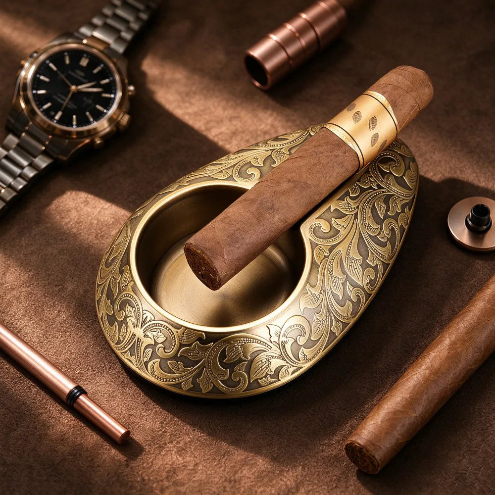 Carved Metal Single-Slot Cigar Ashtray — Sentinel Reserve