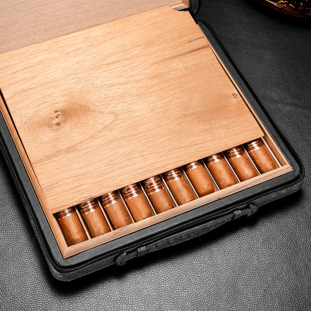 Ostrich-Grain Leather 10-Cigar Travel Case with Handle — Consul Reserve