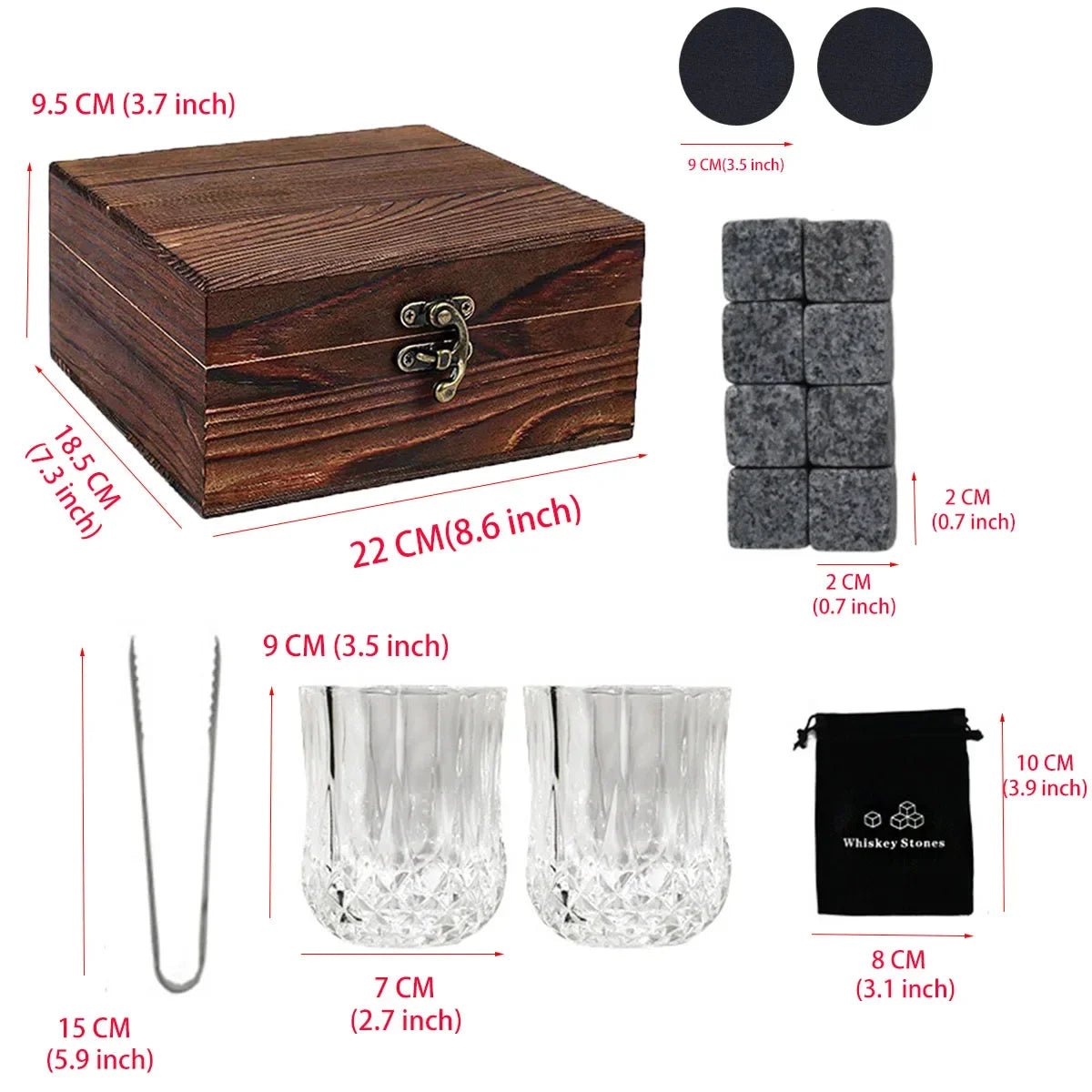 Whisky Stone Gift Set — 8 Stones, Two Crystal Glasses, Tongs & Coasters — Granite Reserve