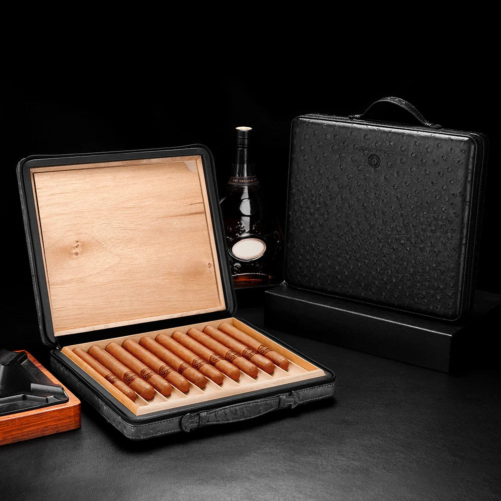 Ostrich-Grain Leather 10-Cigar Travel Case with Handle — Consul Reserve
