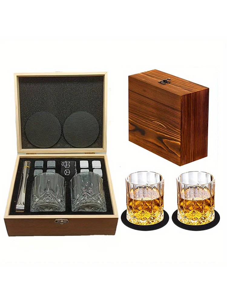 Whisky Stone Gift Set — 8 Stones, Two Crystal Glasses, Tongs & Coasters — Granite Reserve