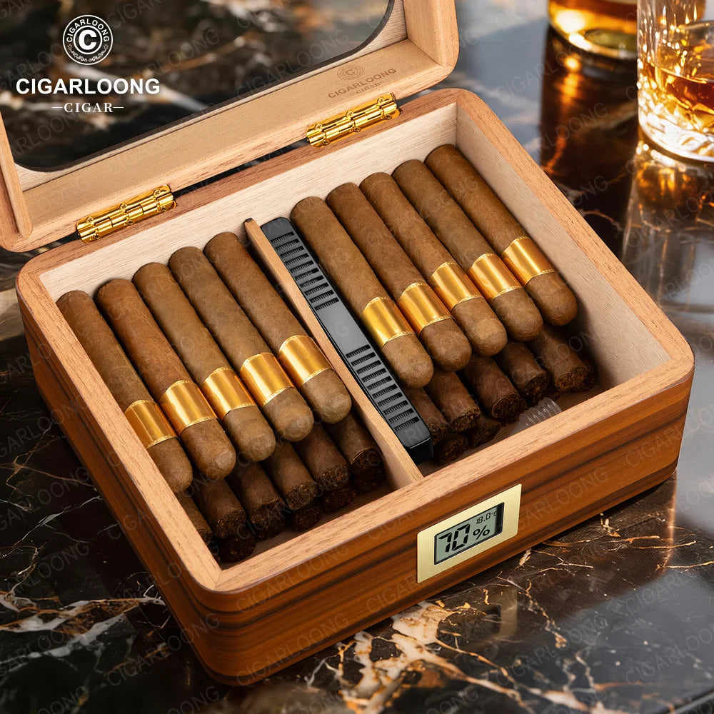 Glass-Top Piano-Finish Cedar Humidor with Hygrometer — Maestro Reserve