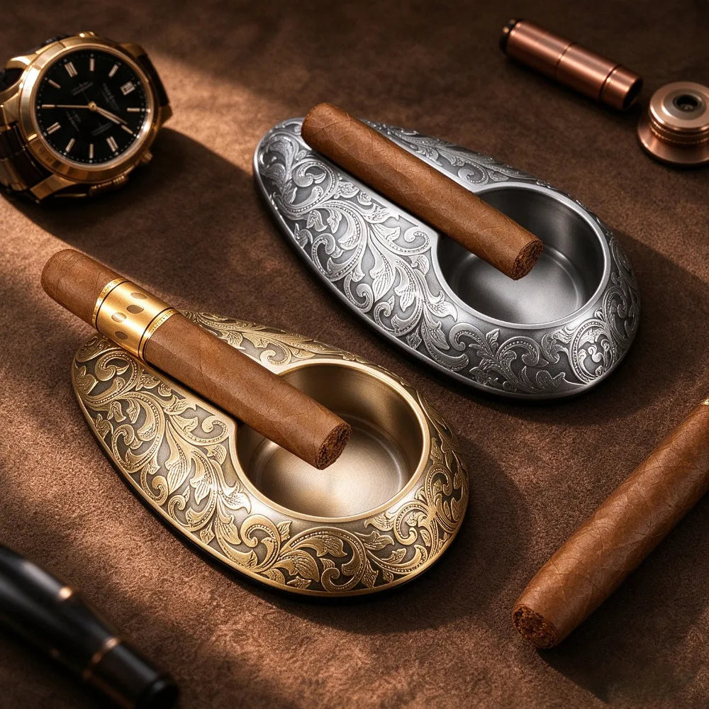 Carved Metal Single-Slot Cigar Ashtray — Sentinel Reserve