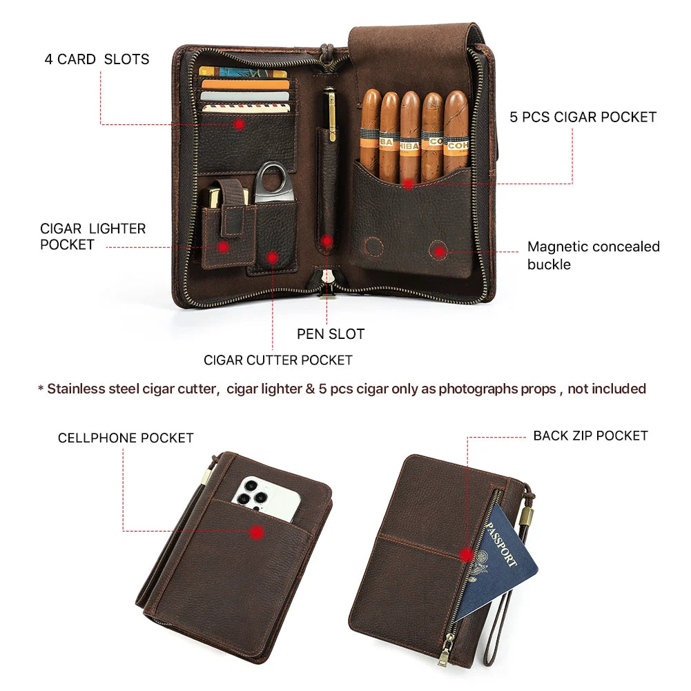 Leather Cigar & Travel Organiser with 5-Cigar Pocket — Emissary Reserve