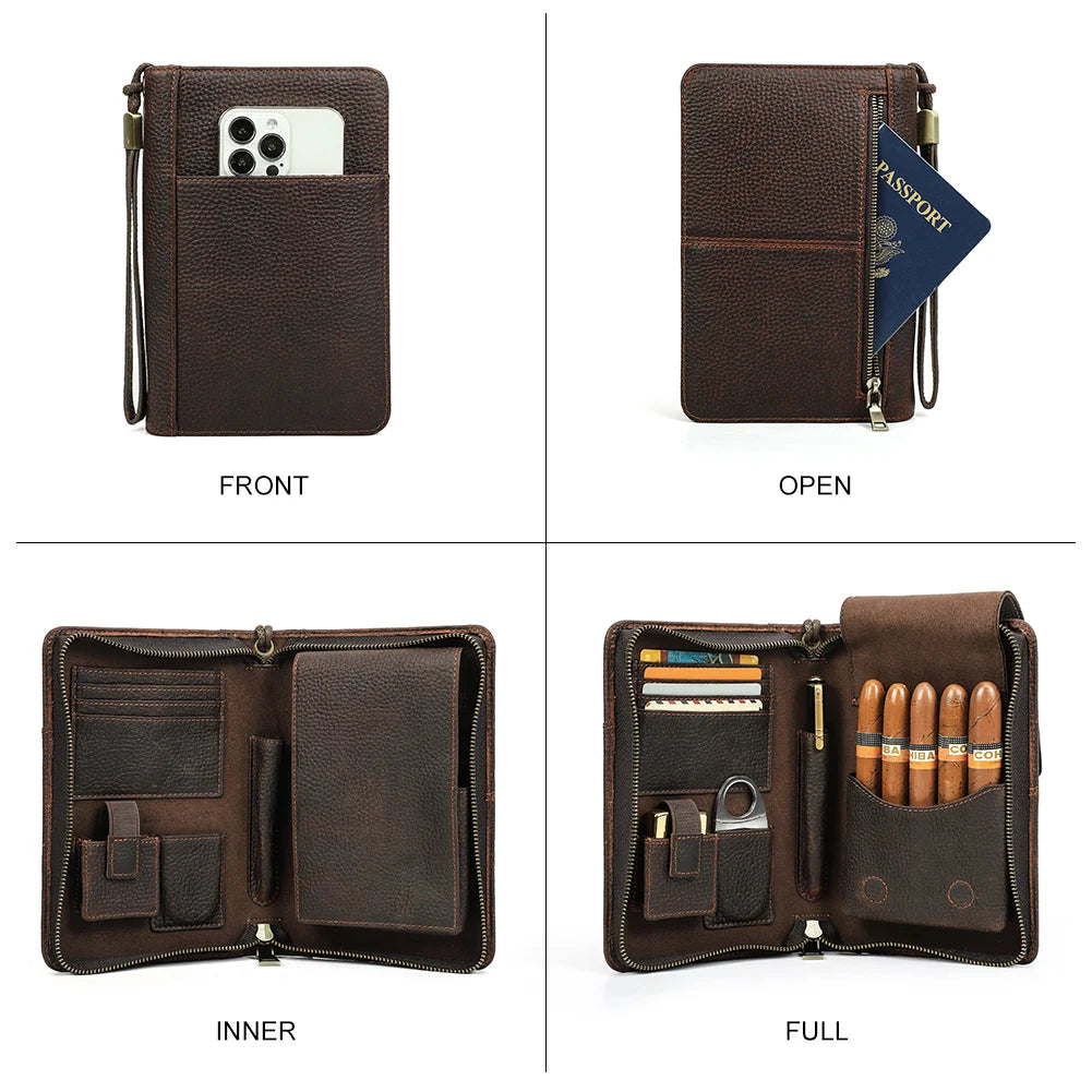 Leather Cigar & Travel Organiser with 5-Cigar Pocket — Emissary Reserve