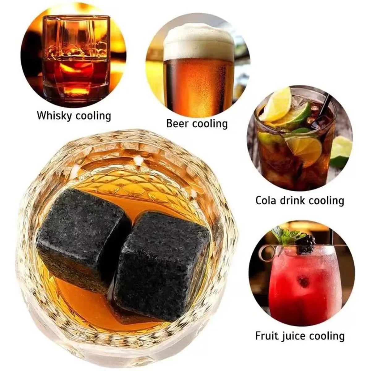 Whisky Stone Gift Set — 8 Stones, Two Crystal Glasses, Tongs & Coasters — Granite Reserve