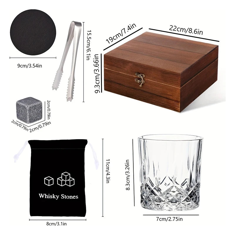 Whisky Stone Gift Set — 8 Stones, Two Crystal Glasses, Tongs & Coasters — Granite Reserve