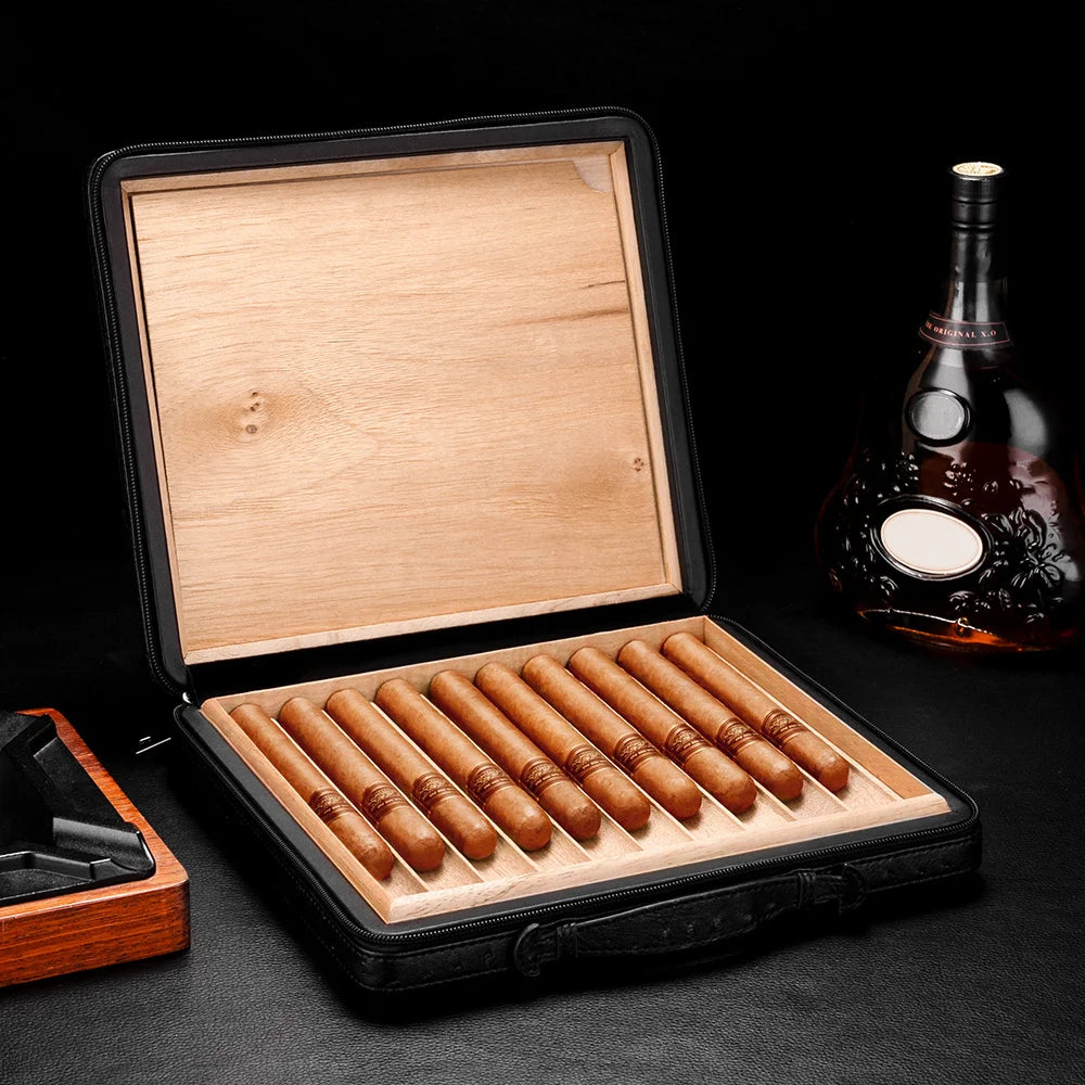 Ostrich-Grain Leather 10-Cigar Travel Case with Handle — Consul Reserve