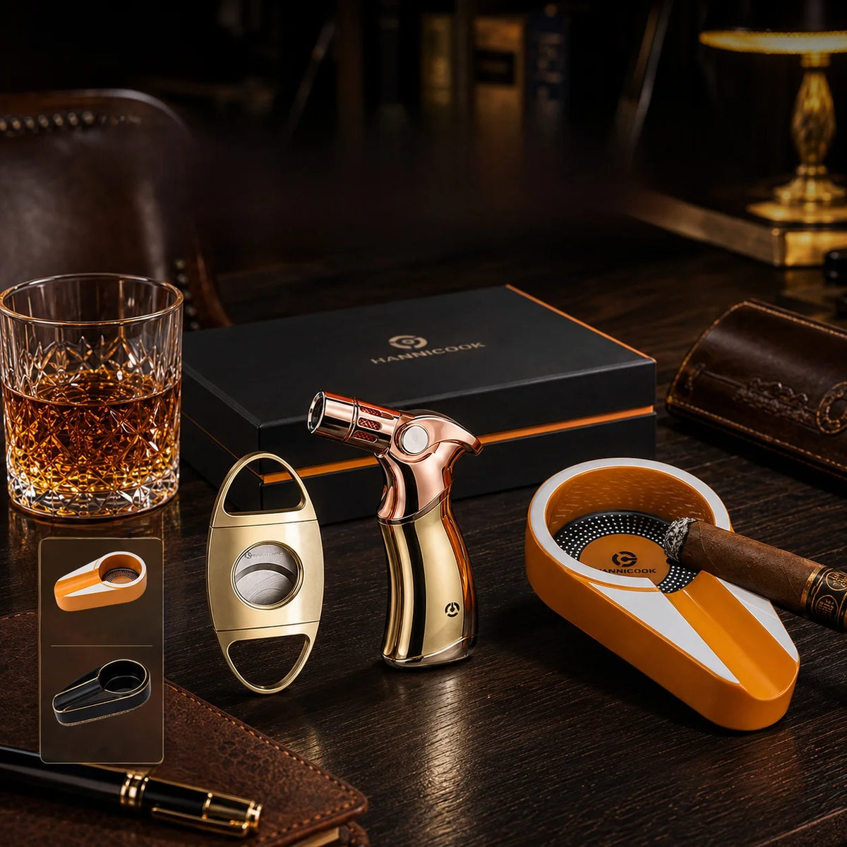 3-Piece Cigar Gift Set — Cutter, Torch Lighter & Ashtray — Marshall Reserve