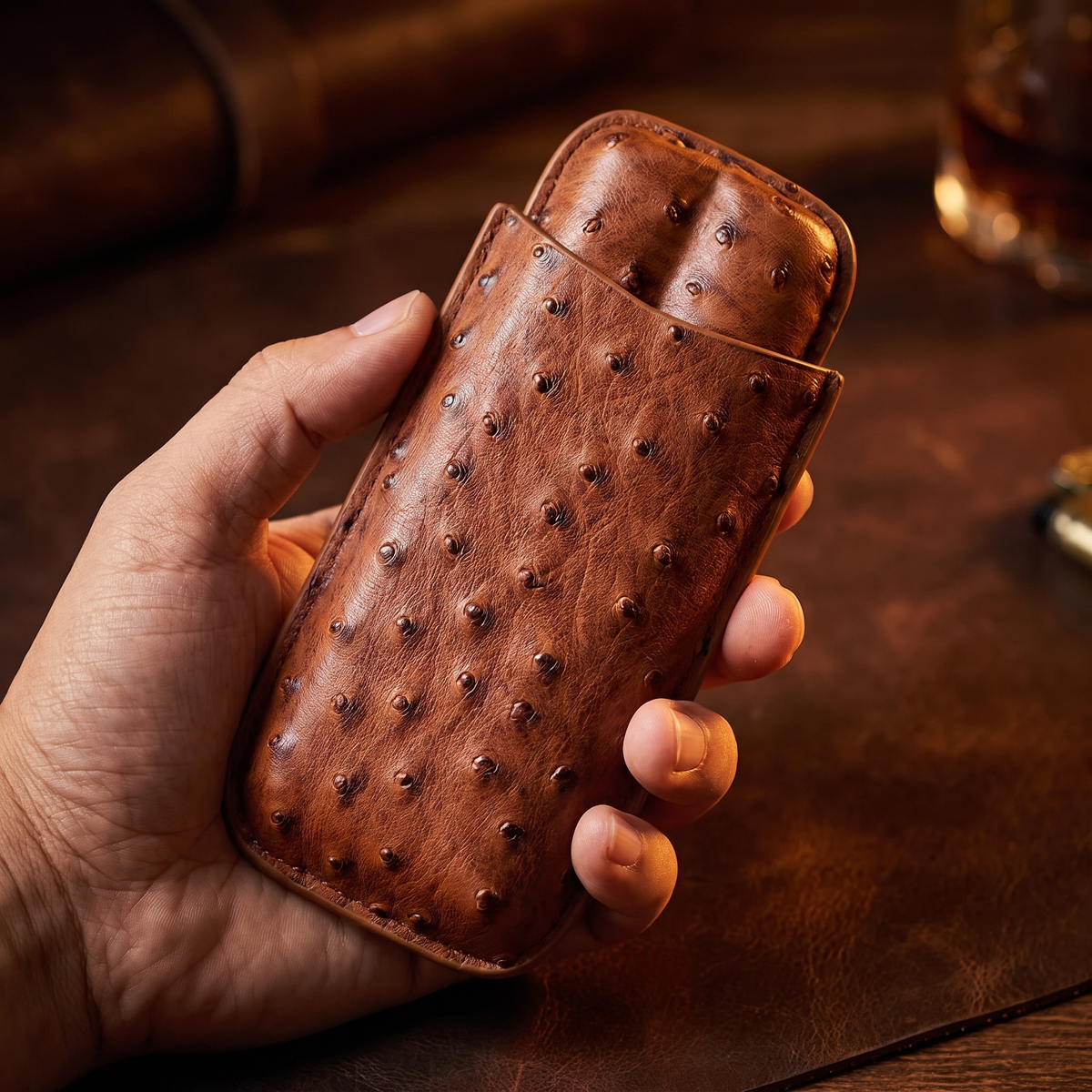 Two-Cigar Leather Travel Case — compact in hand