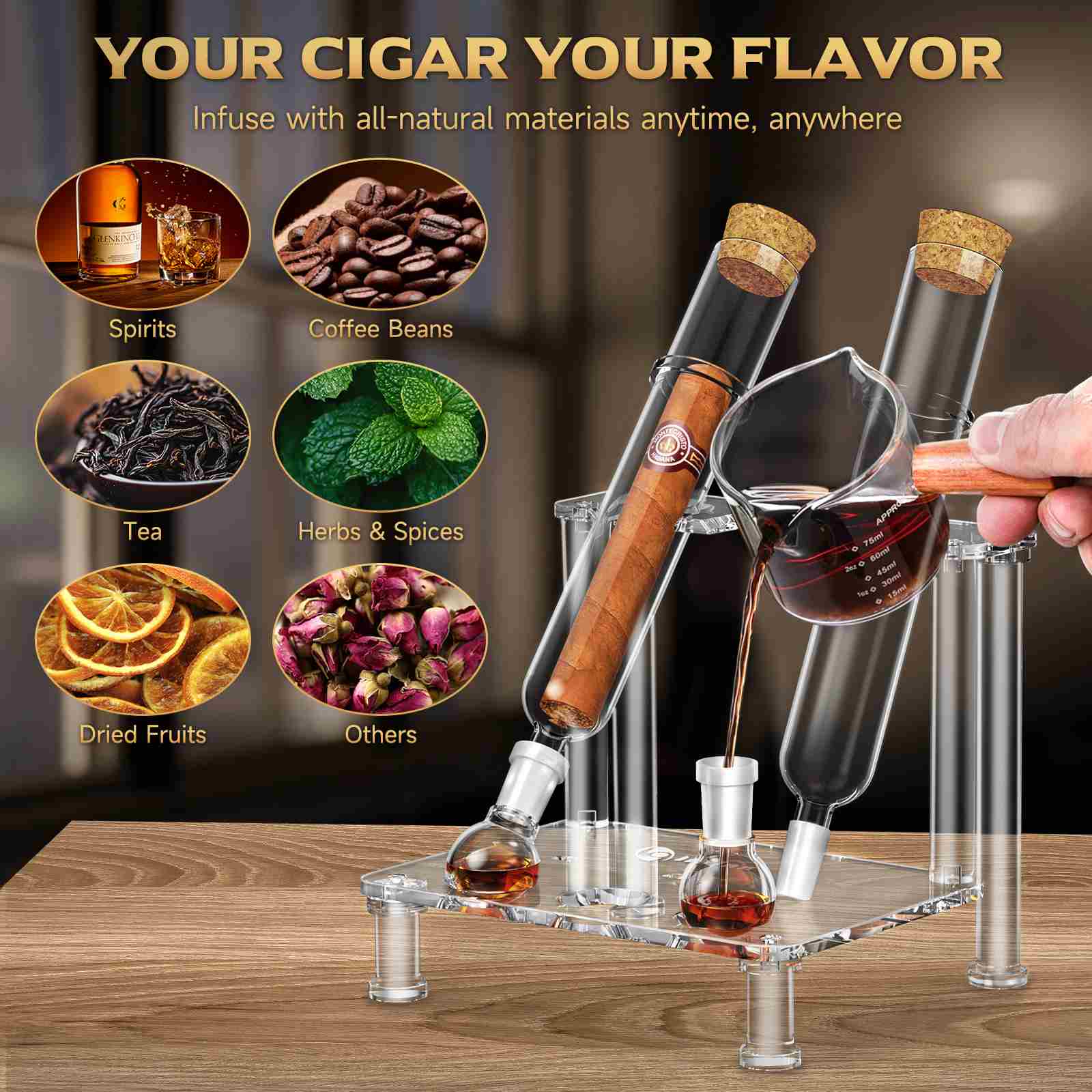 LIHTUN Cigar Flavoring Tube Set, Borosilicate Glass Tubes, Balls and Acrylic Stand, Portable Cigar Humidor Gift Set for Flavor Mellowing, Storage and Display