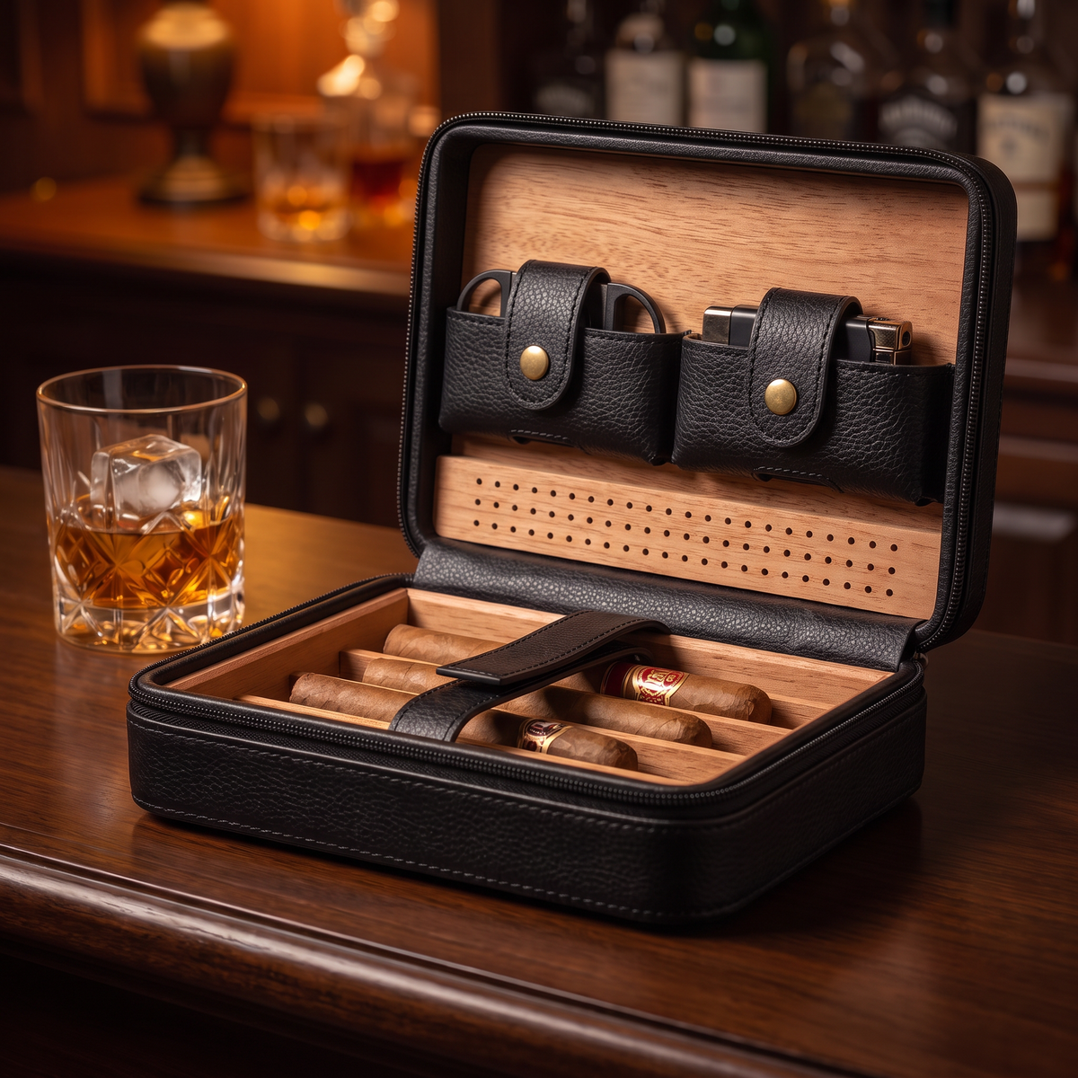 Cedar-Lined Travel Cigar Humidor — Black leather, open