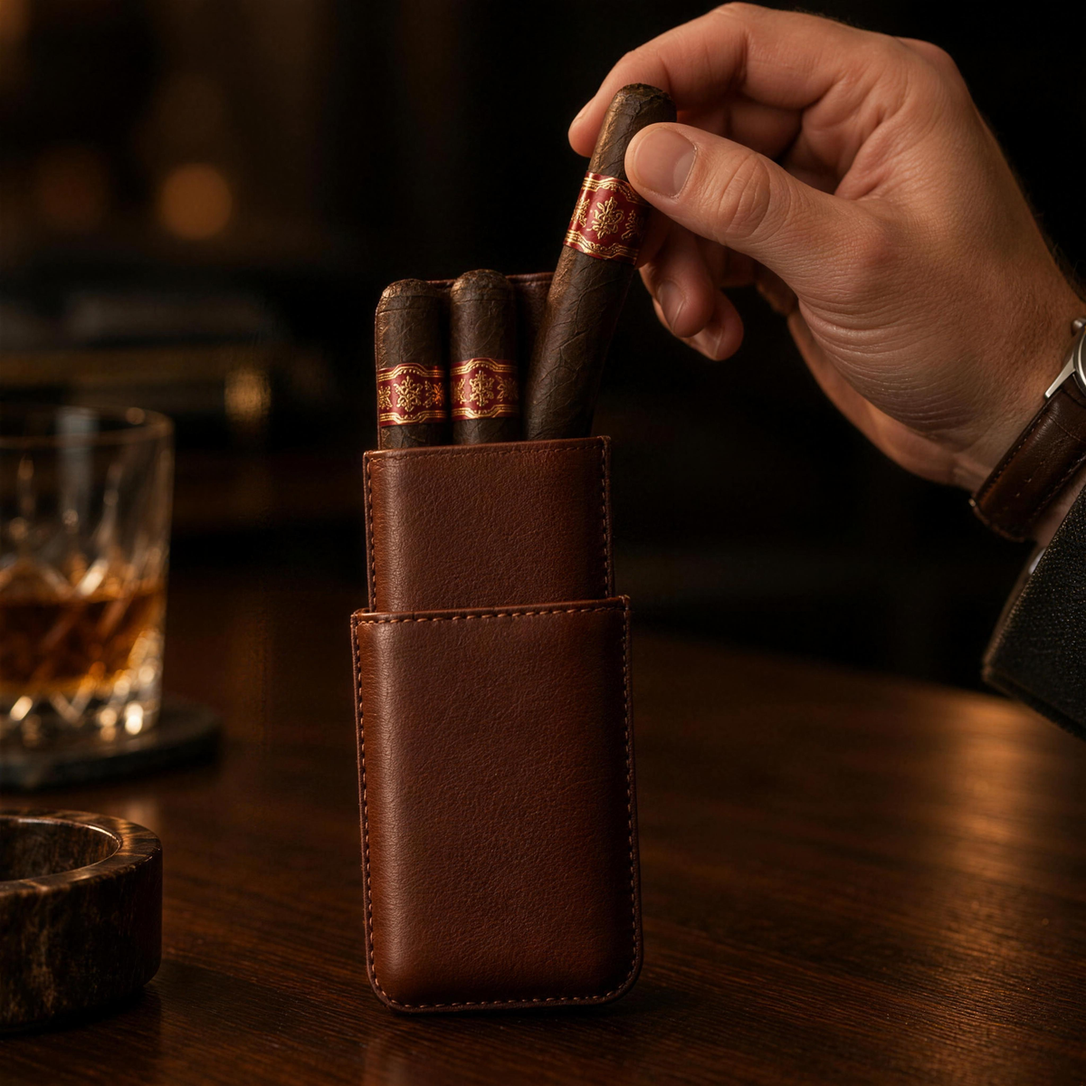 Drawing a cigar from the case at a bar