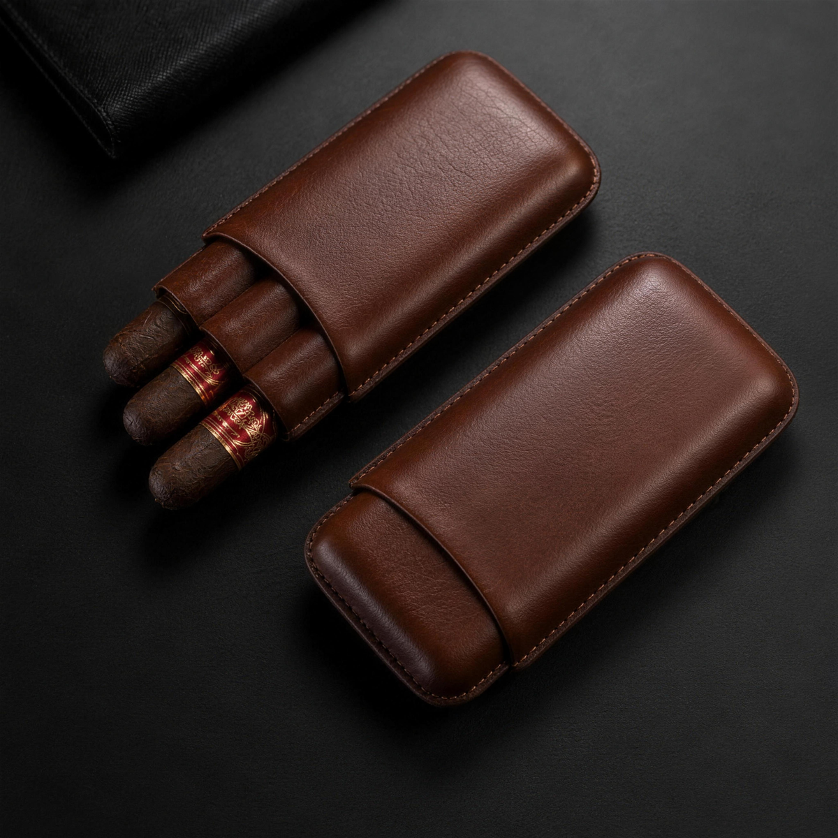 Brown case open and closed side by side