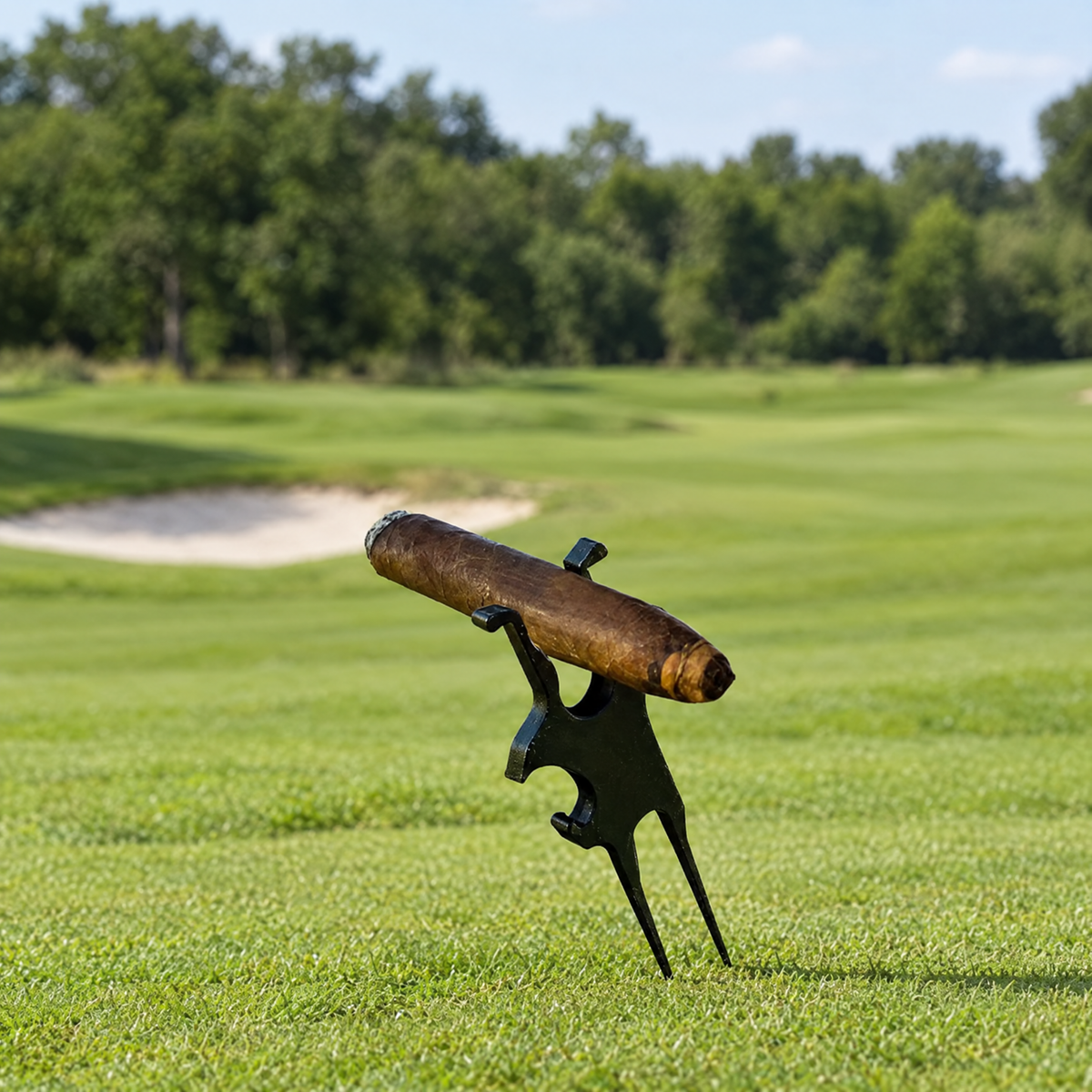 Fairway Reserve golf cigar holder planted in the turf with a cigar