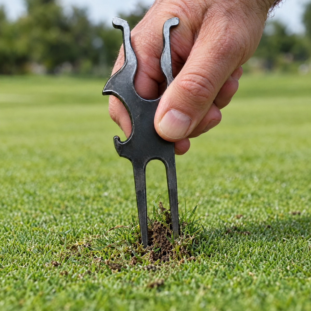 Repairing a divot with the twin prongs