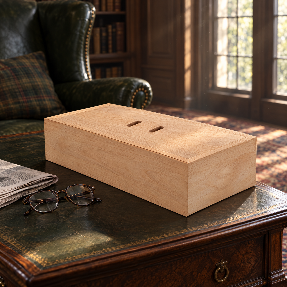 Atelier Reserve humidor closed on a library side table in daylight