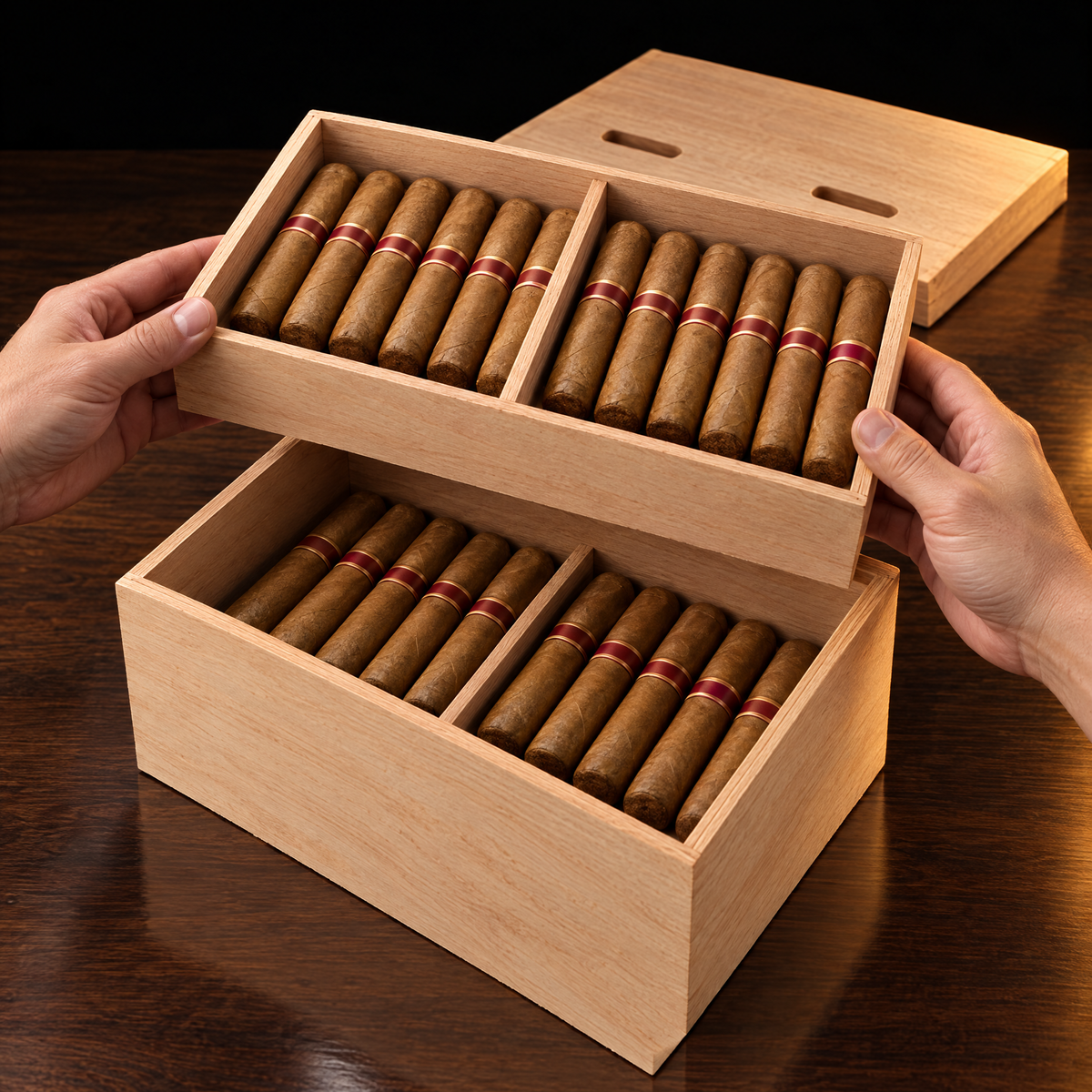 Removable upper tray lifted from the Atelier Reserve humidor revealing a second compartment