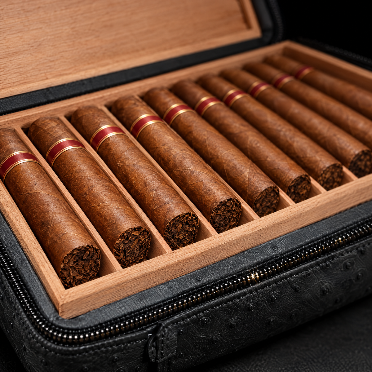 Close detail of cigars resting in the cedar channels of the Consul Reserve case