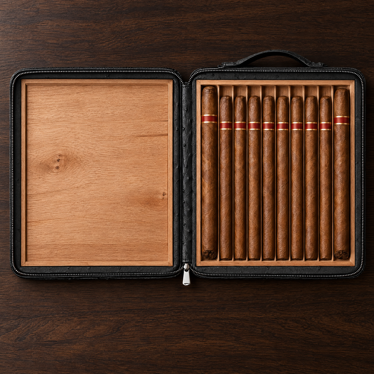 Overhead view of the Consul Reserve case open flat showing cedar panel and ten cigar channels