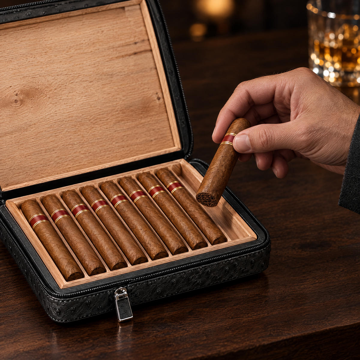 Hand lifting a cigar from the open Consul Reserve case