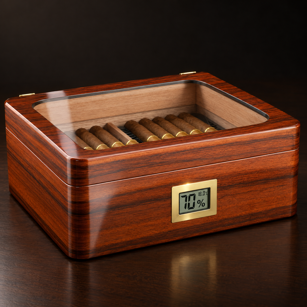 Maestro Reserve glass-top piano-finish cigar humidor closed, showing the front hygrometer