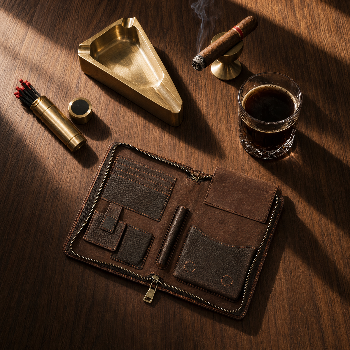 Leather cigar organiser open on a walnut table with a brass ashtray, matches and a glass of coffee