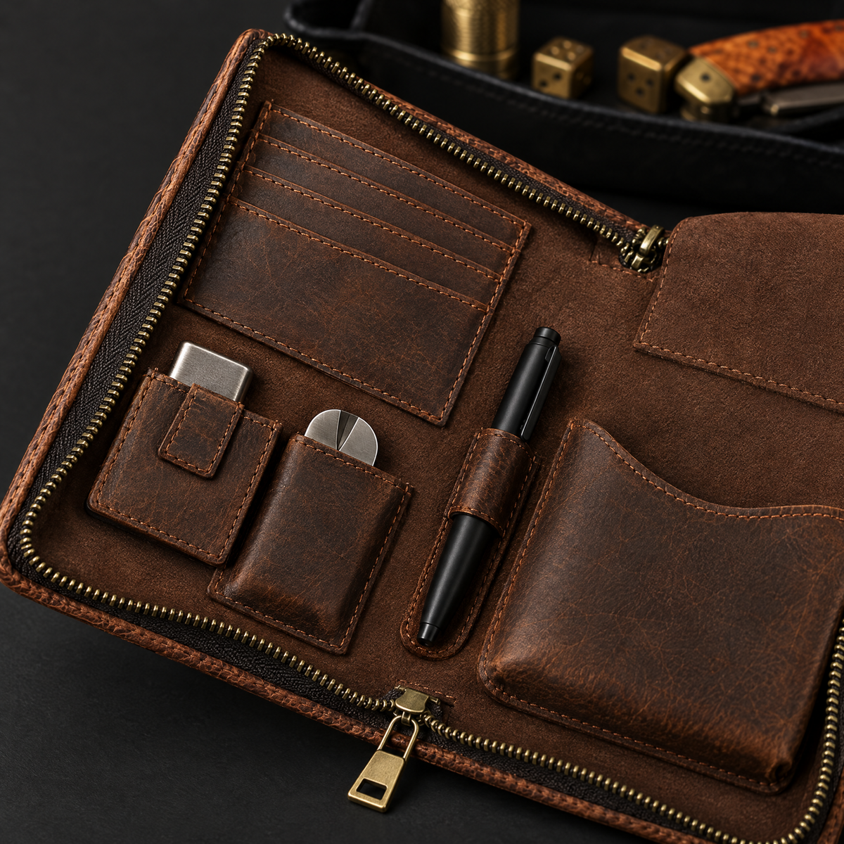 Close-up of the organiser panel with four card slots, lighter and cutter pockets and pen loop in suede lining