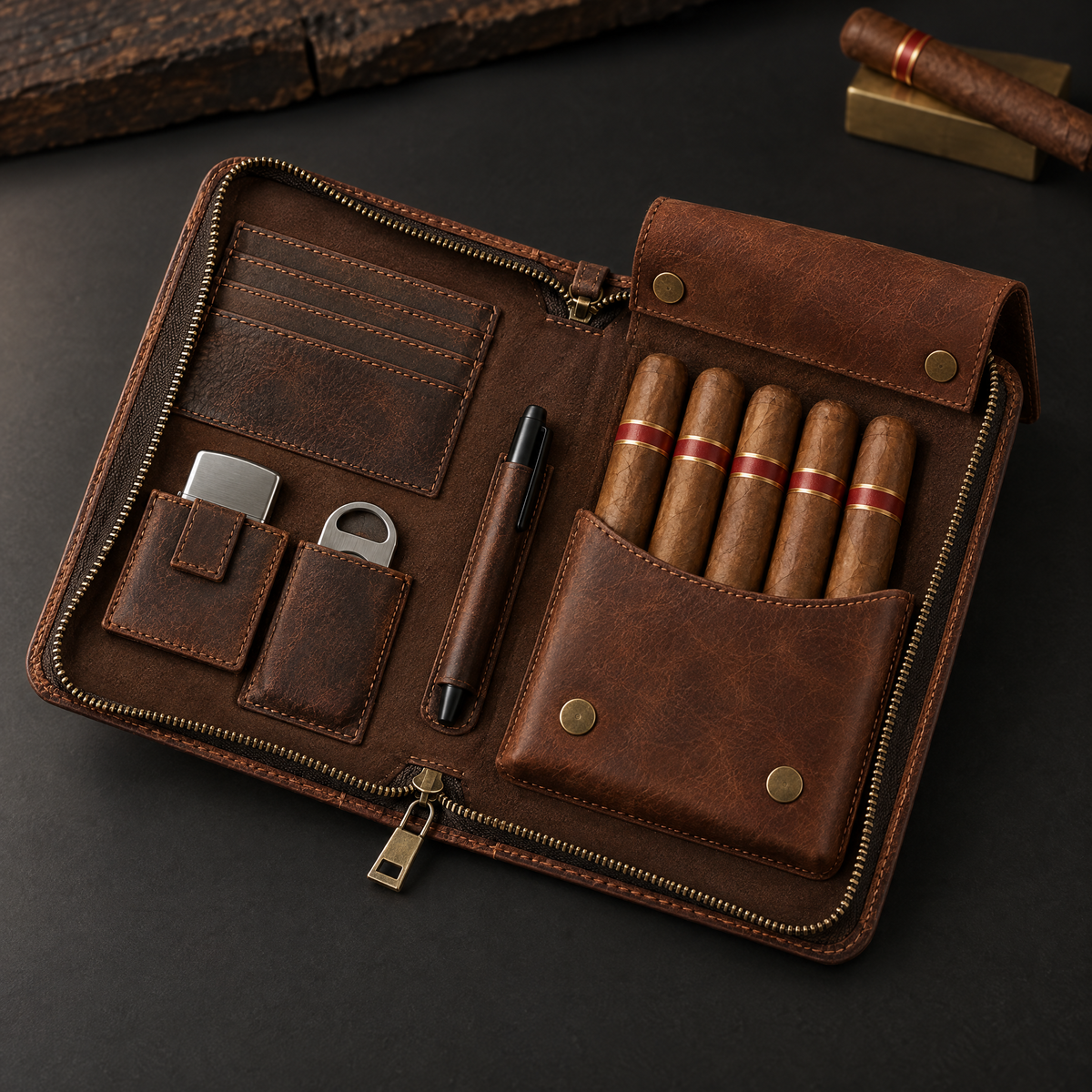 Leather cigar organiser open flat showing card slots, lighter and cutter pockets, pen loop and five-cigar pocket