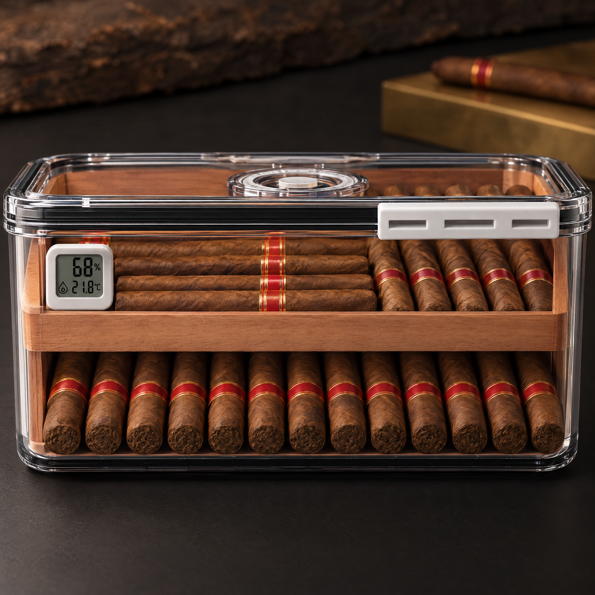 Front view through the clear wall showing both layers of cigars above and below the cedar tray