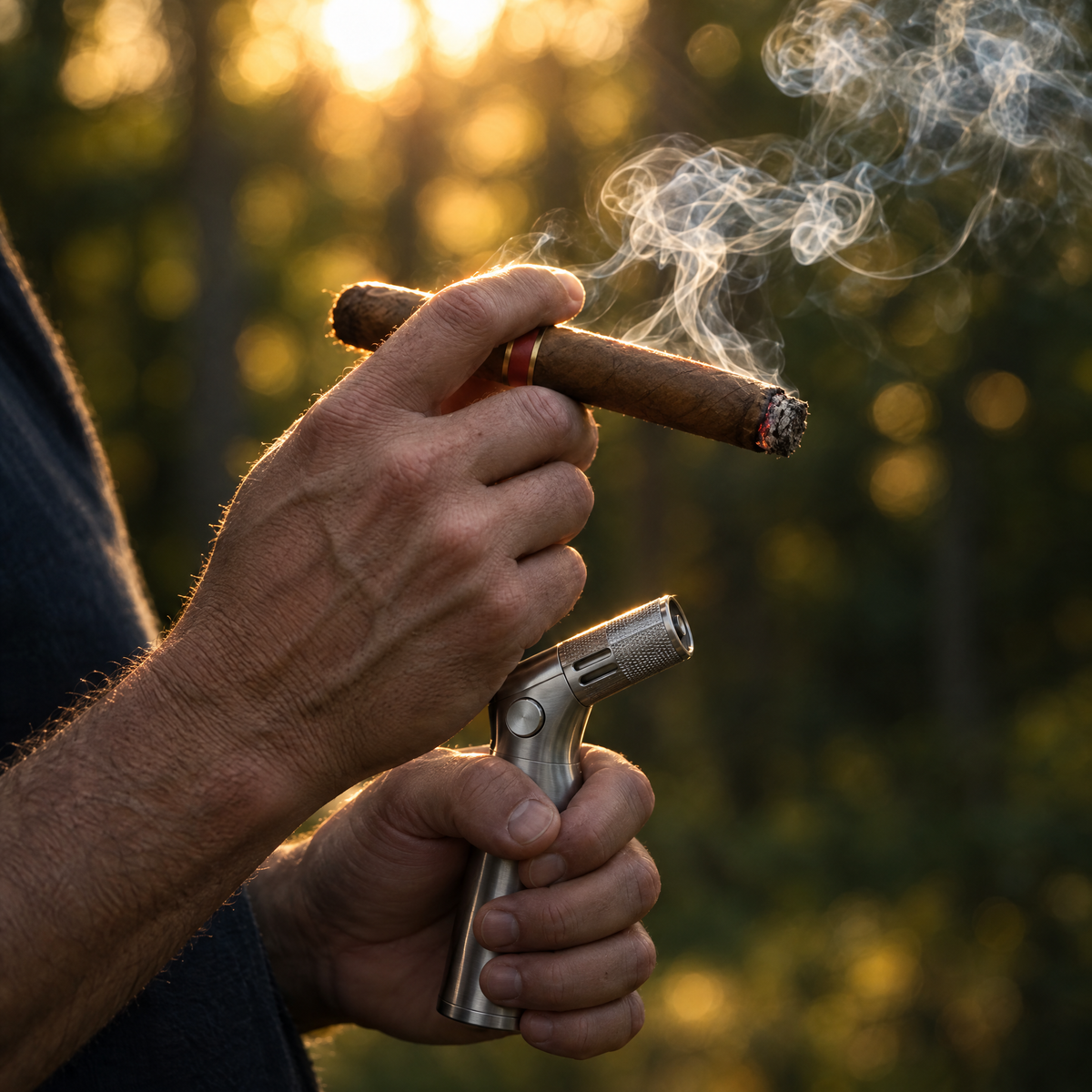 Hands holding a lit cigar and the torch lighter outdoors against a low sun