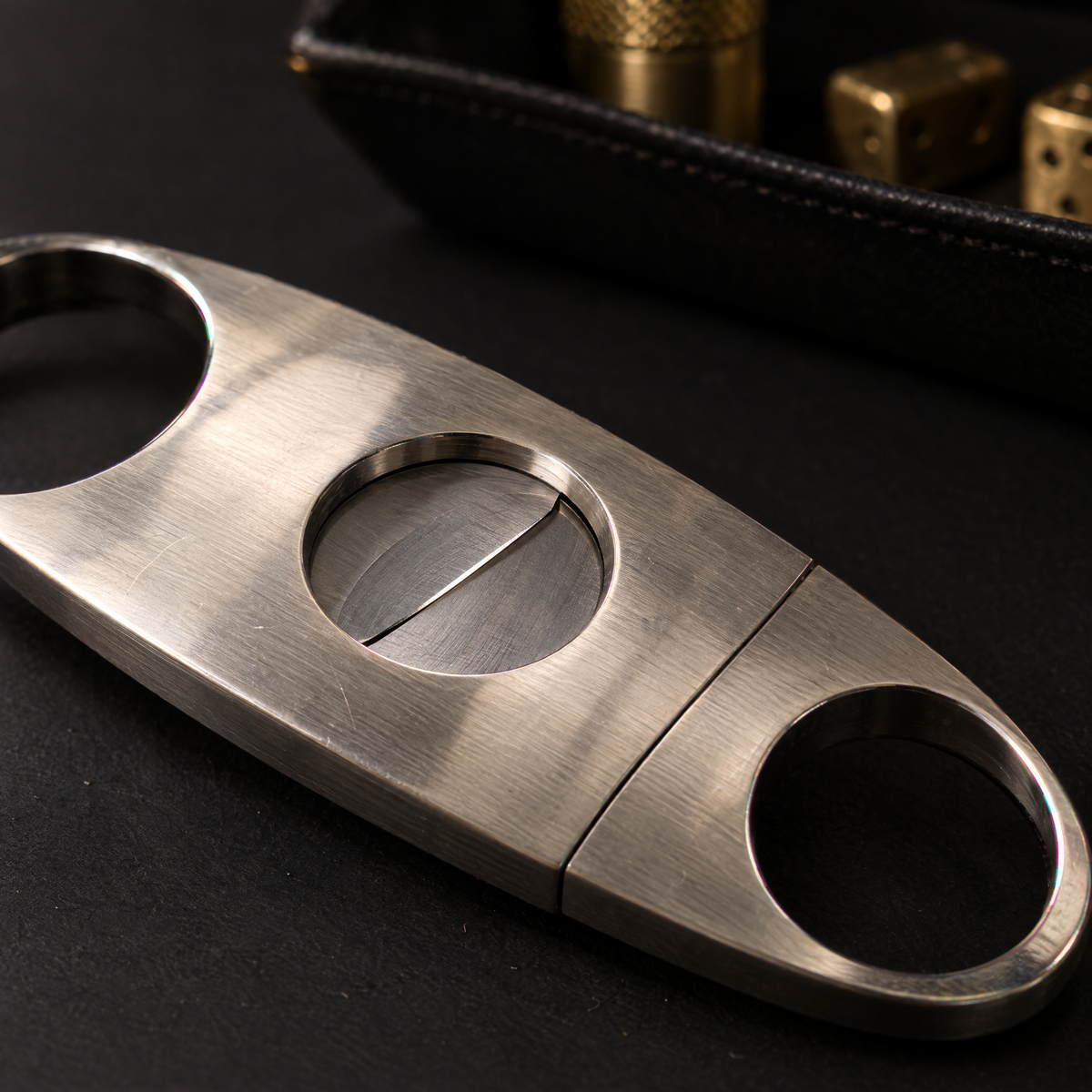 Close-up of the double-blade guillotine cutter with its twin blades half open