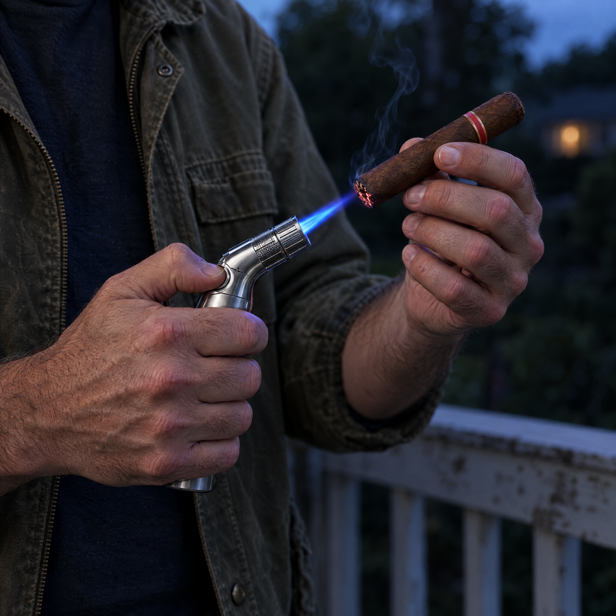 Man on a porch at dusk toasting the foot of a cigar with the torch lighter