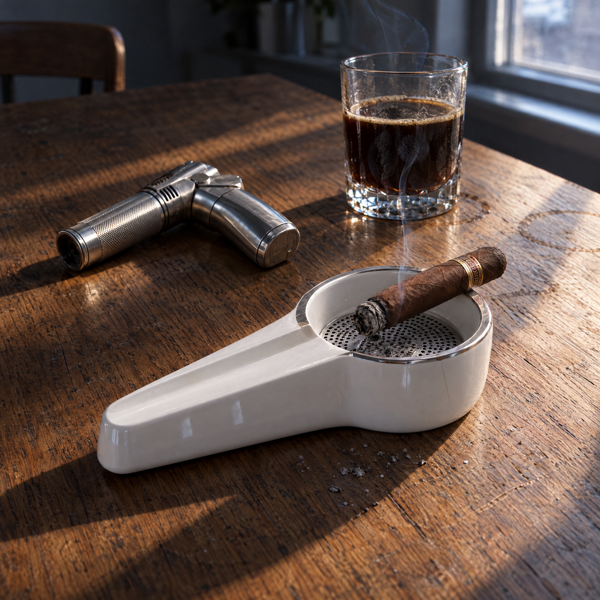 The white ashtray holding a lit cigar on an oak table in late afternoon window light, lighter beside it