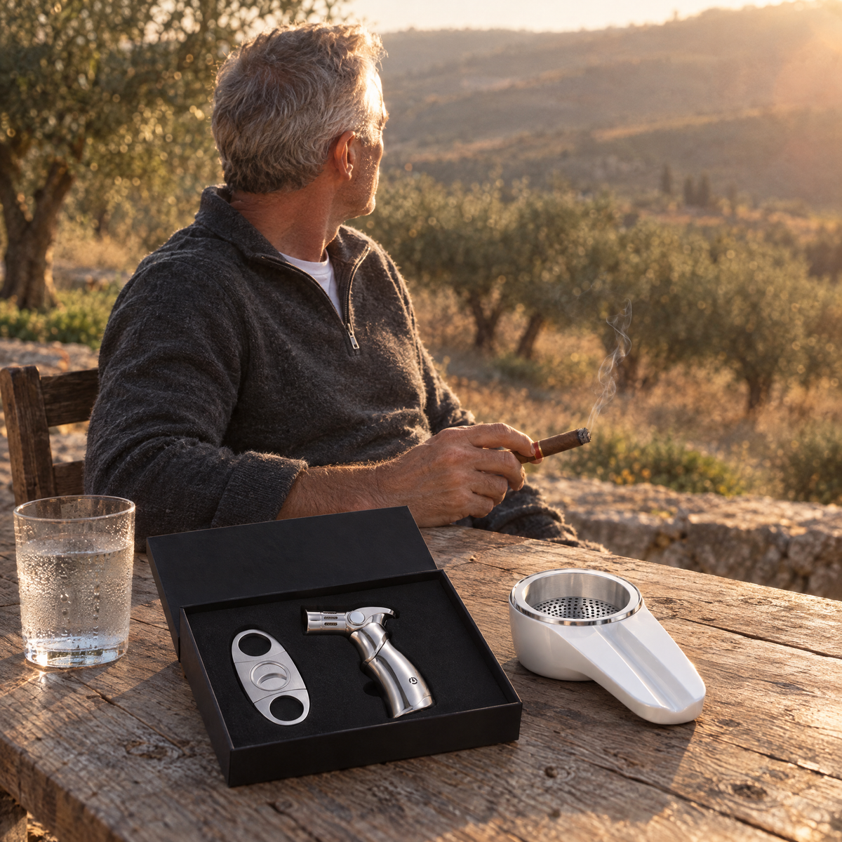 Man at a stone terrace table in olive country at golden hour with the open gift set beside him