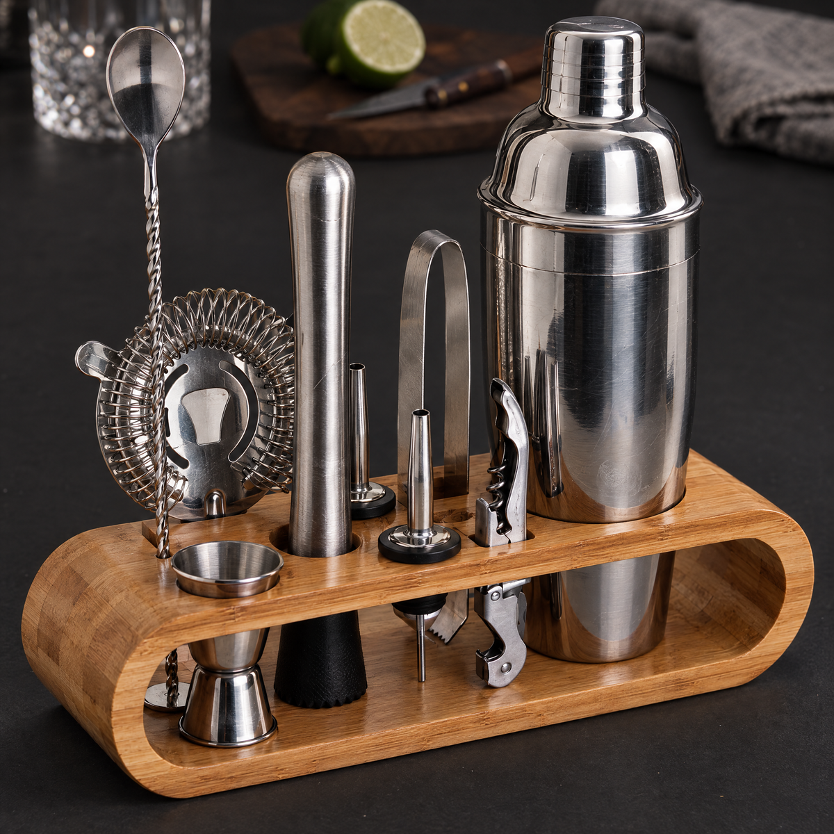 Ten-piece stainless bartender kit standing in its bamboo display stand