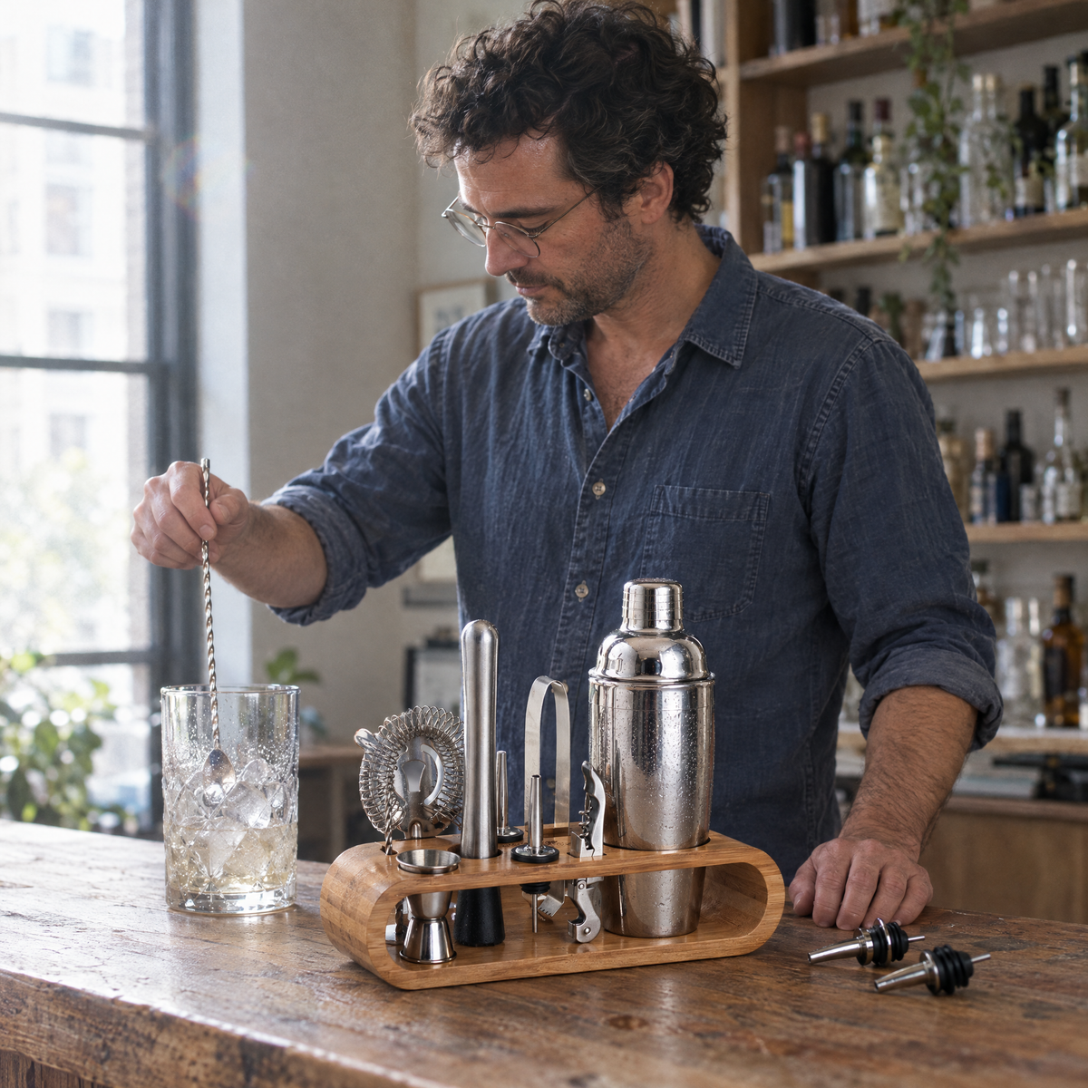 Man stirring a drink with the bar spoon at a timber counter, the kit standing beside him