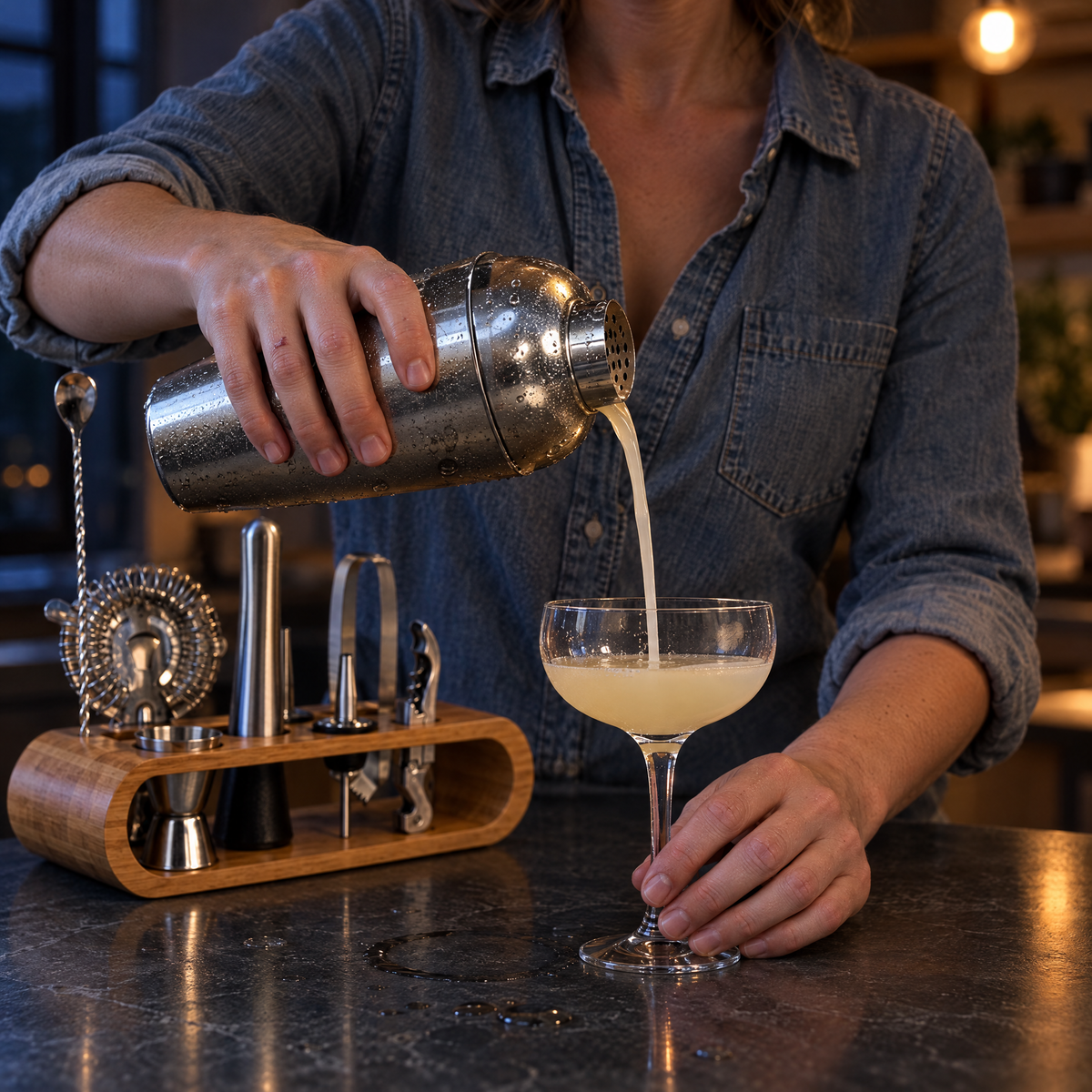 Pouring a strained cocktail from the shaker into a coupe glass at a kitchen counter at night