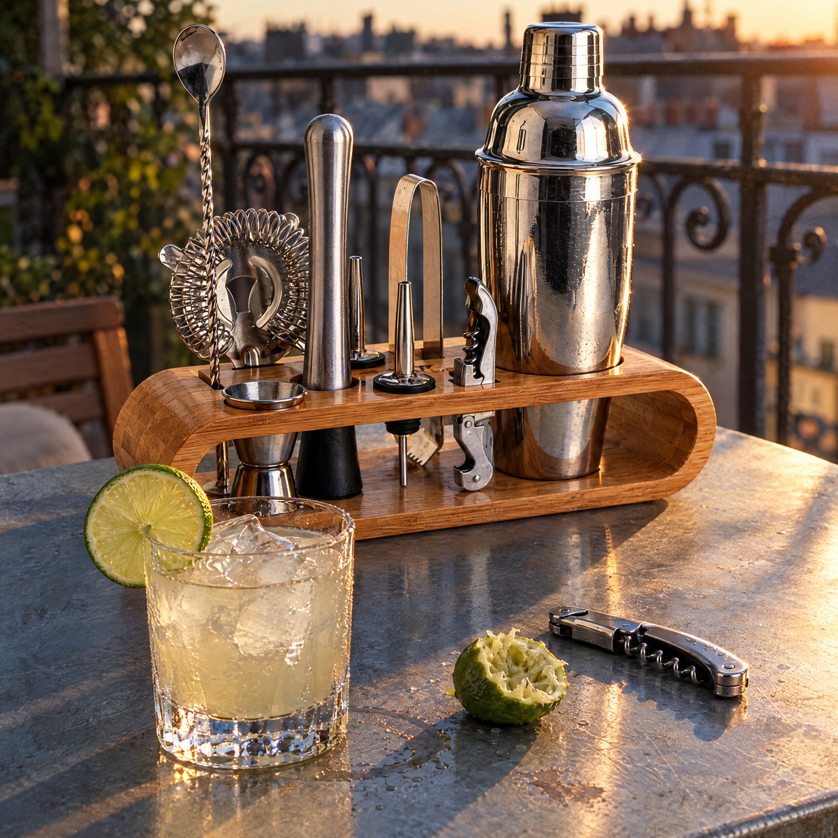 The kit on its stand on a zinc balcony table at sunset beside a finished drink over ice