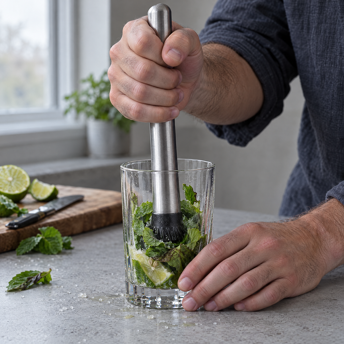 Muddling mint, lime and sugar in a tumbler with the stainless muddler in morning window light