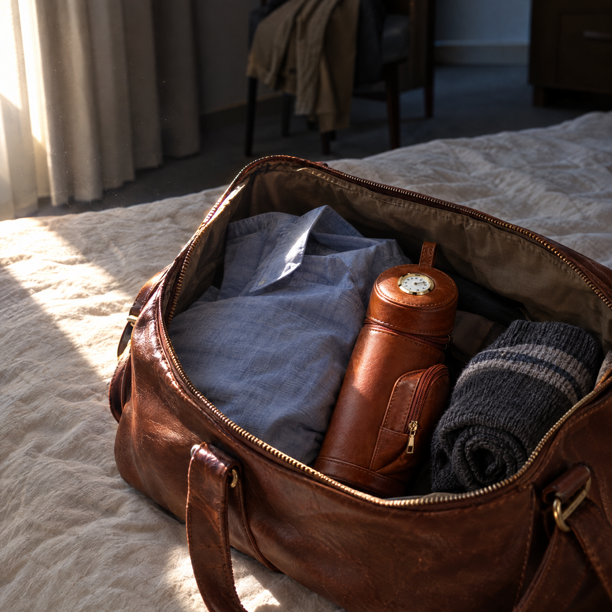 The case packed in an open weekend bag on a hotel bed in a shaft of early sun