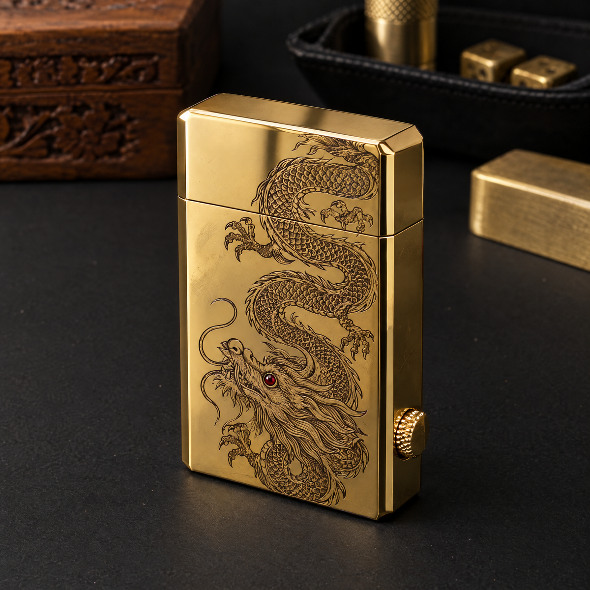 Imperial Reserve — gold jet-flame cigar lighter, engraved dragon with a red stone eye