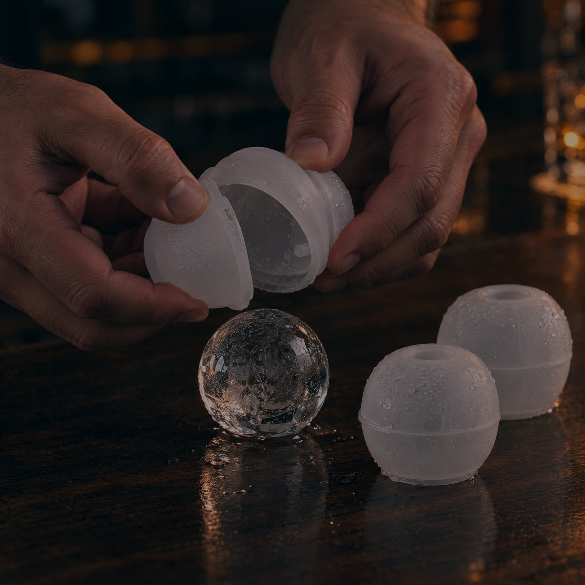 Ice ball released from the silicone mould