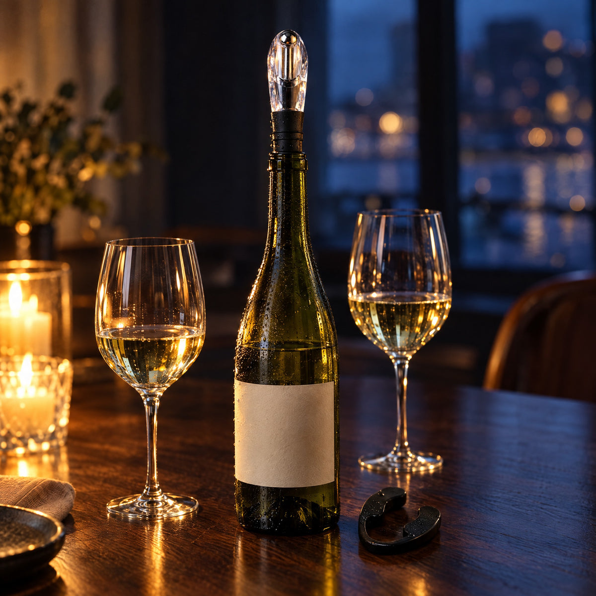 Dinner table set with wine