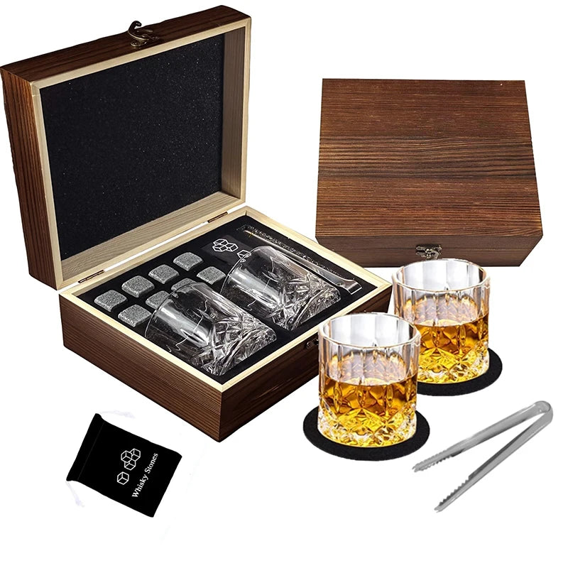 Whisky Stone Gift Set — 8 Stones, Two Crystal Glasses, Tongs & Coasters — Granite Reserve