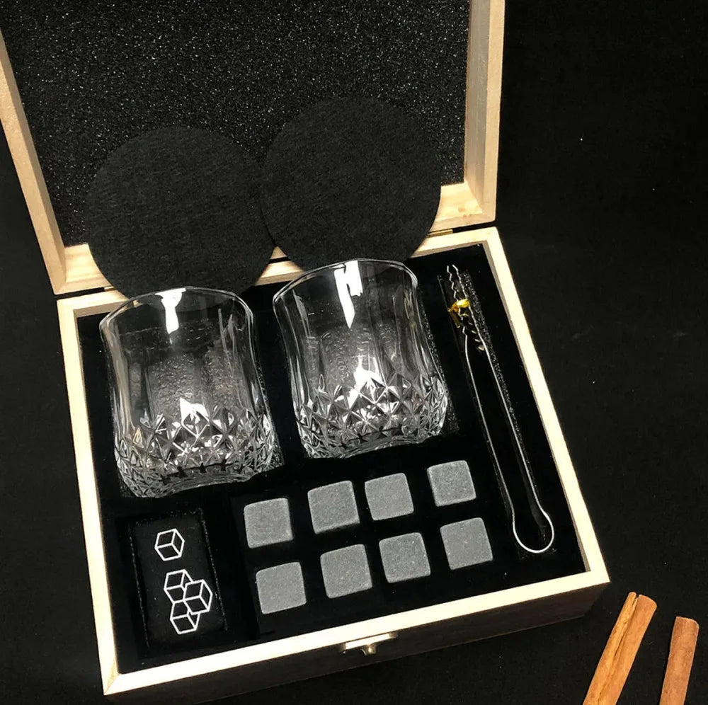 Whisky Stone Gift Set — 8 Stones, Two Crystal Glasses, Tongs & Coasters — Granite Reserve